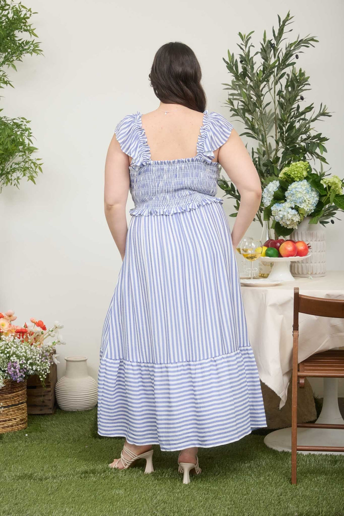 Curvy Blue Stripe Smocked Ruffle Trim Dress