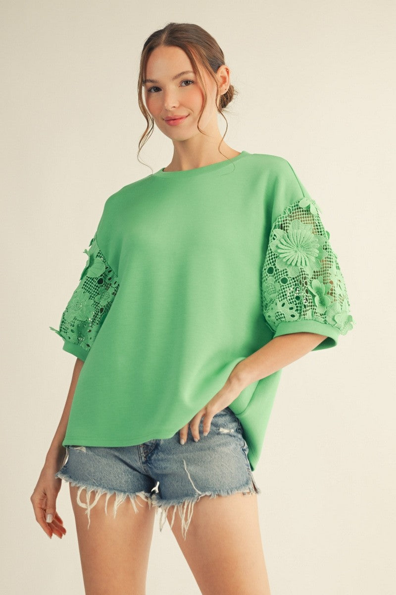 Green Lace Short Sleeve Top