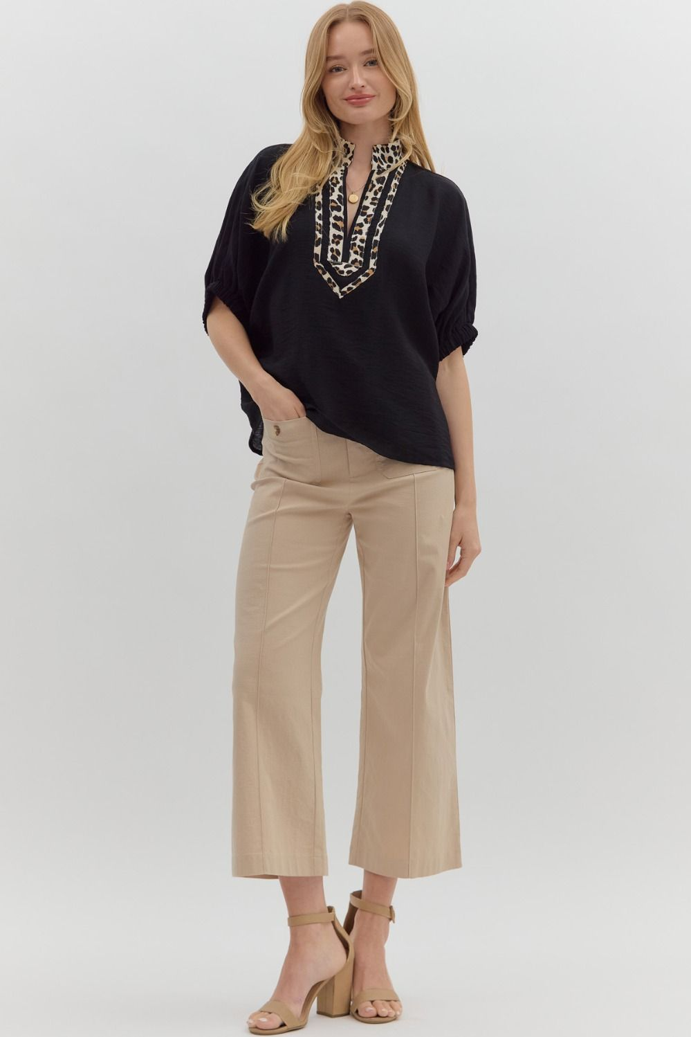 Black Puff Sleeve Shirt With Leopard Collar