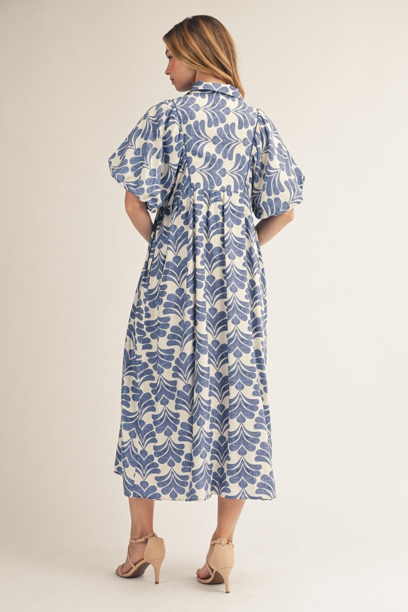 Blue and Ivory Print Midi Dress