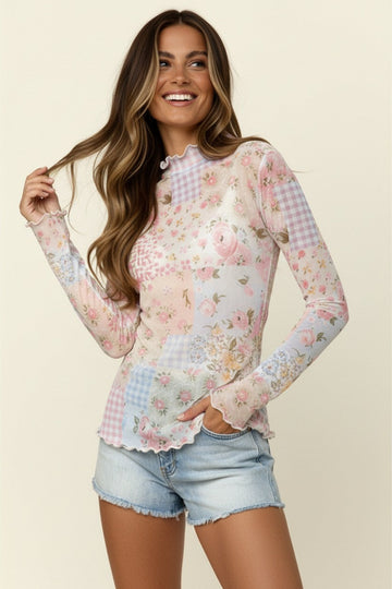 Ivory Colorful Long Sleeve Mesh Top