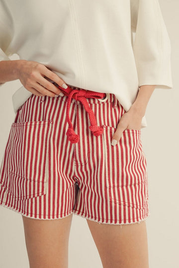 Red Striped Braided Belt Shorts