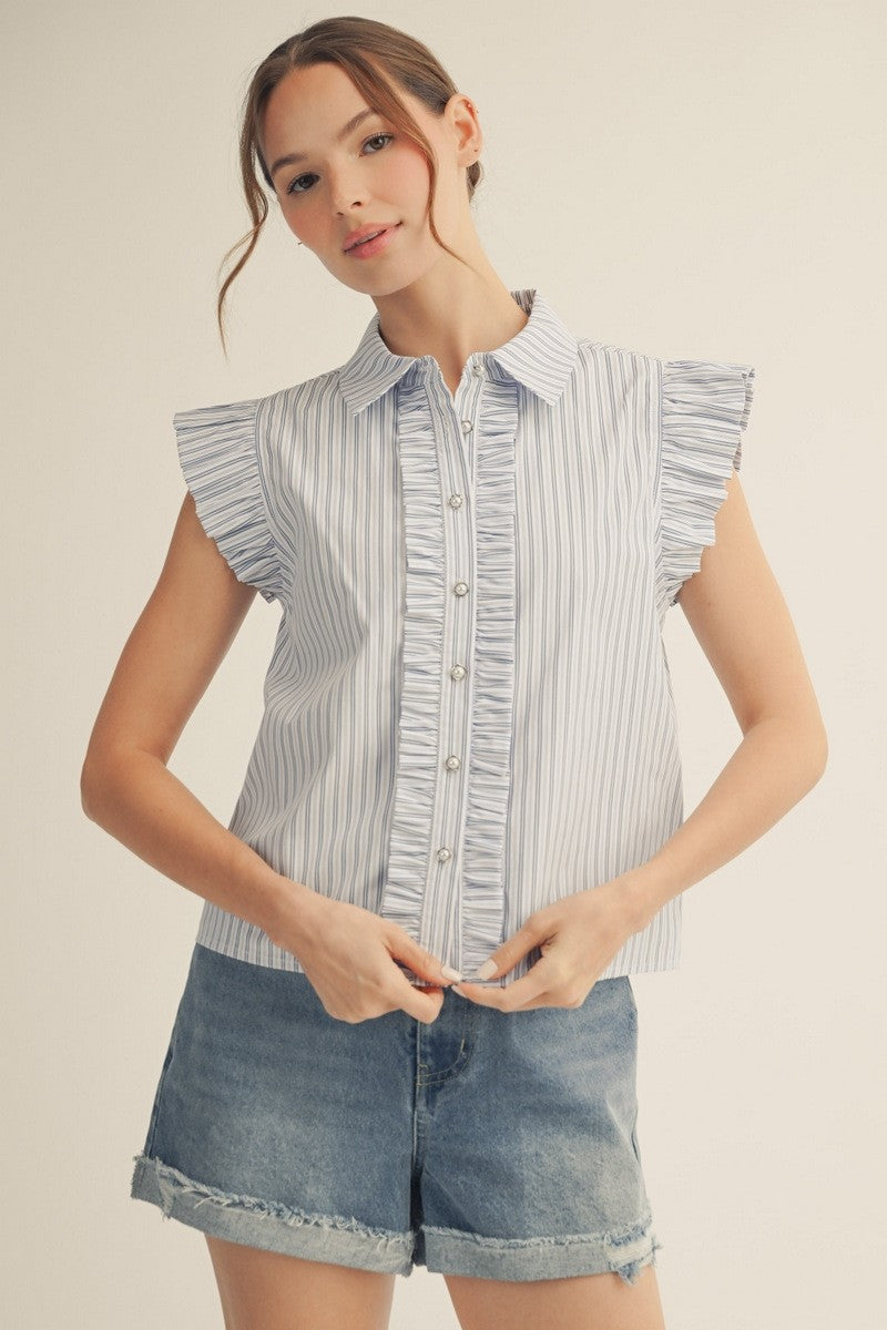 Ruffle Stripe Pearl Button Down Top