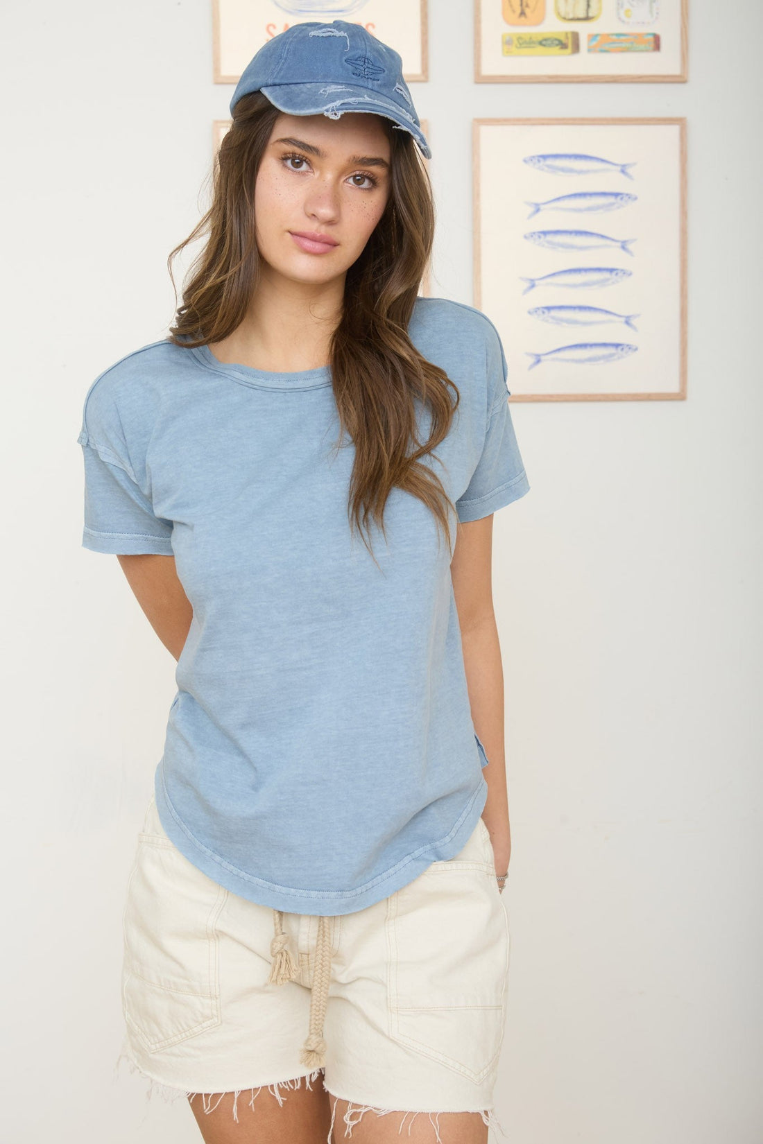 Round Neck Short Sleeve Exposed Seam Top