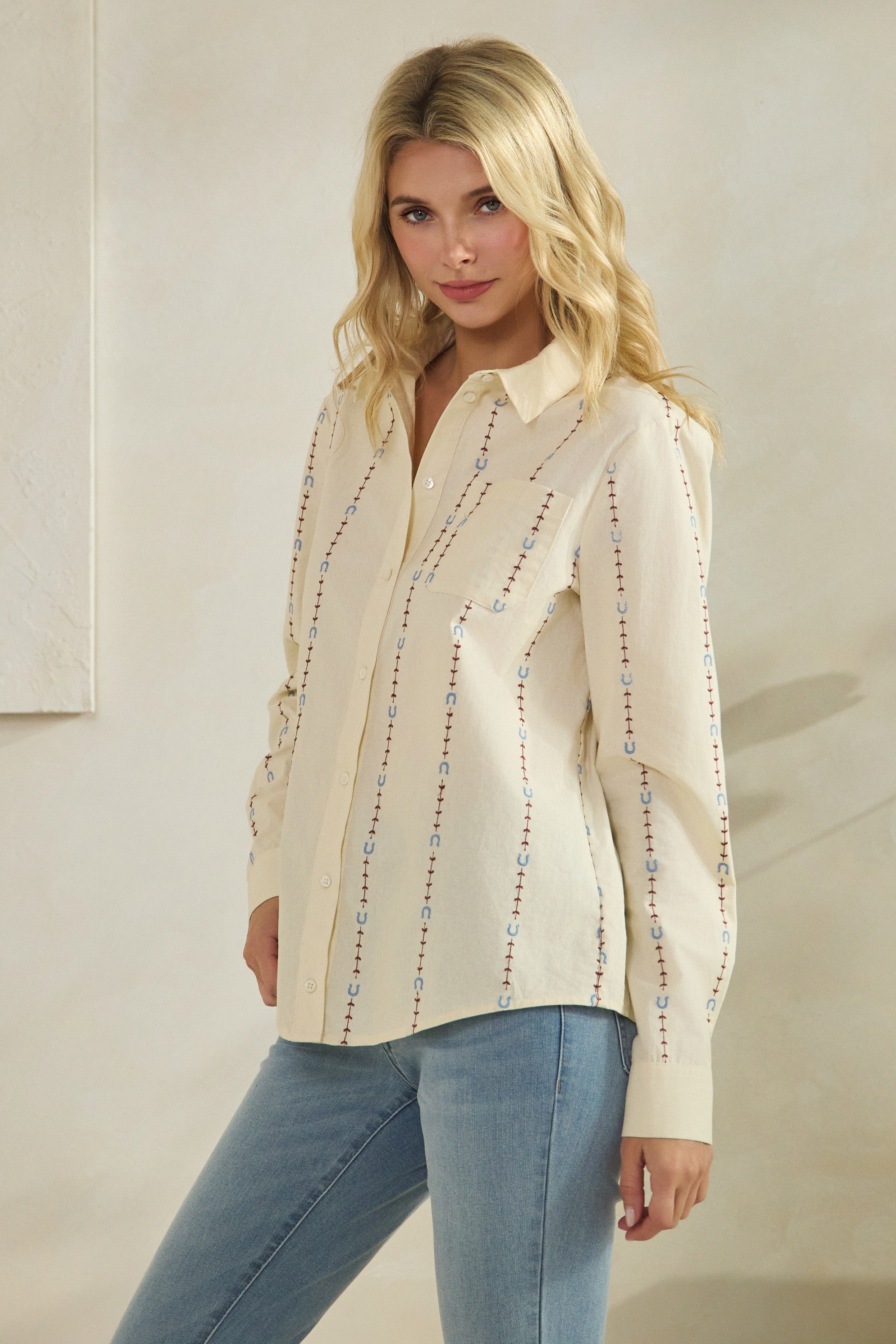 Ecru Horseshoe Embroidered Button Up Shirt