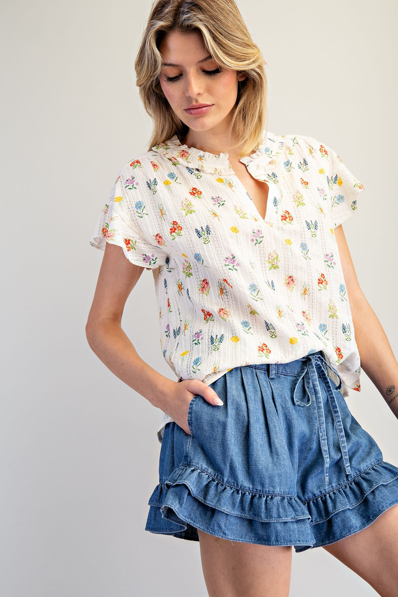 Denim Drawstring Ruffle Tiered Shorts