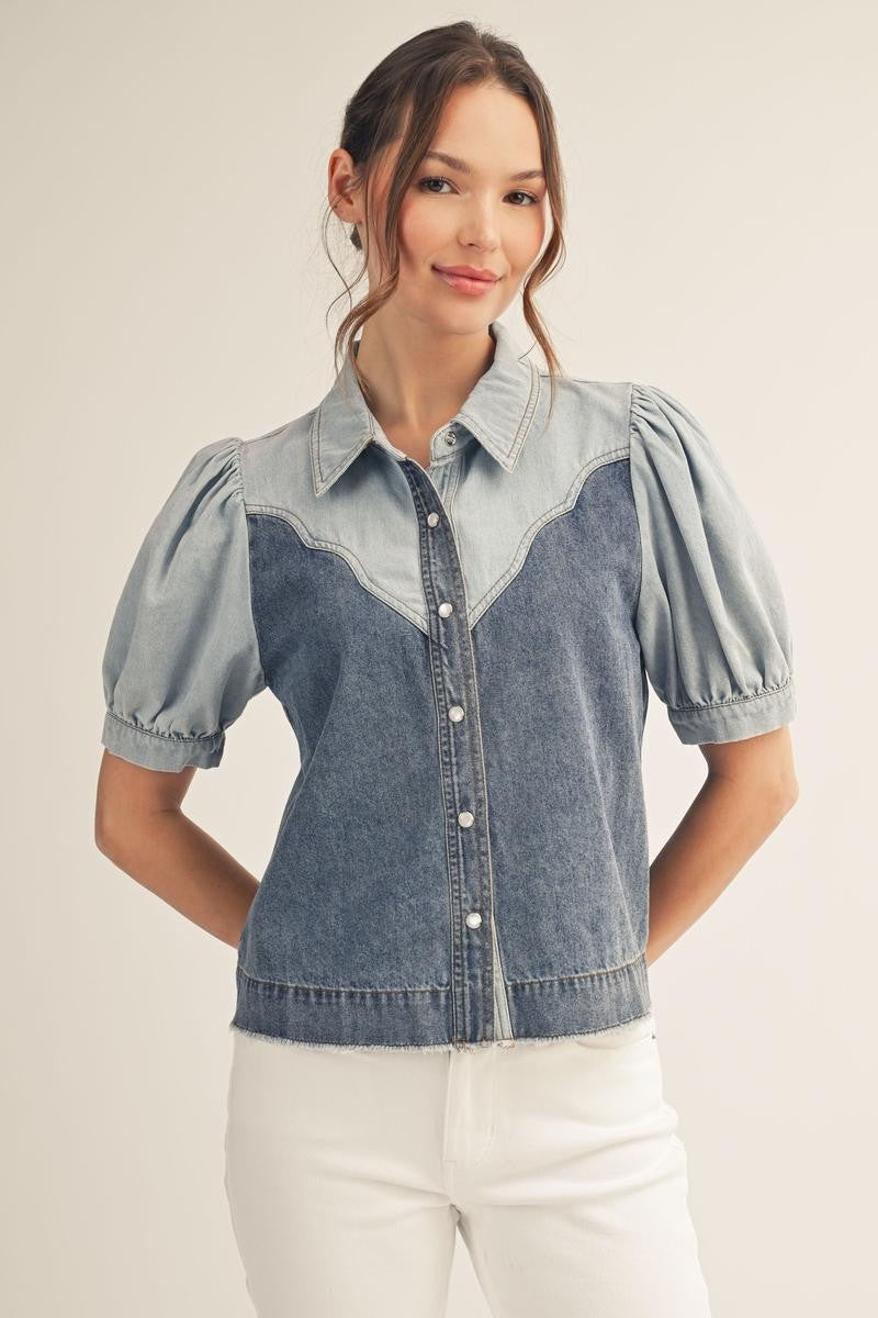 Button Down Two Tone Washed Denim Top