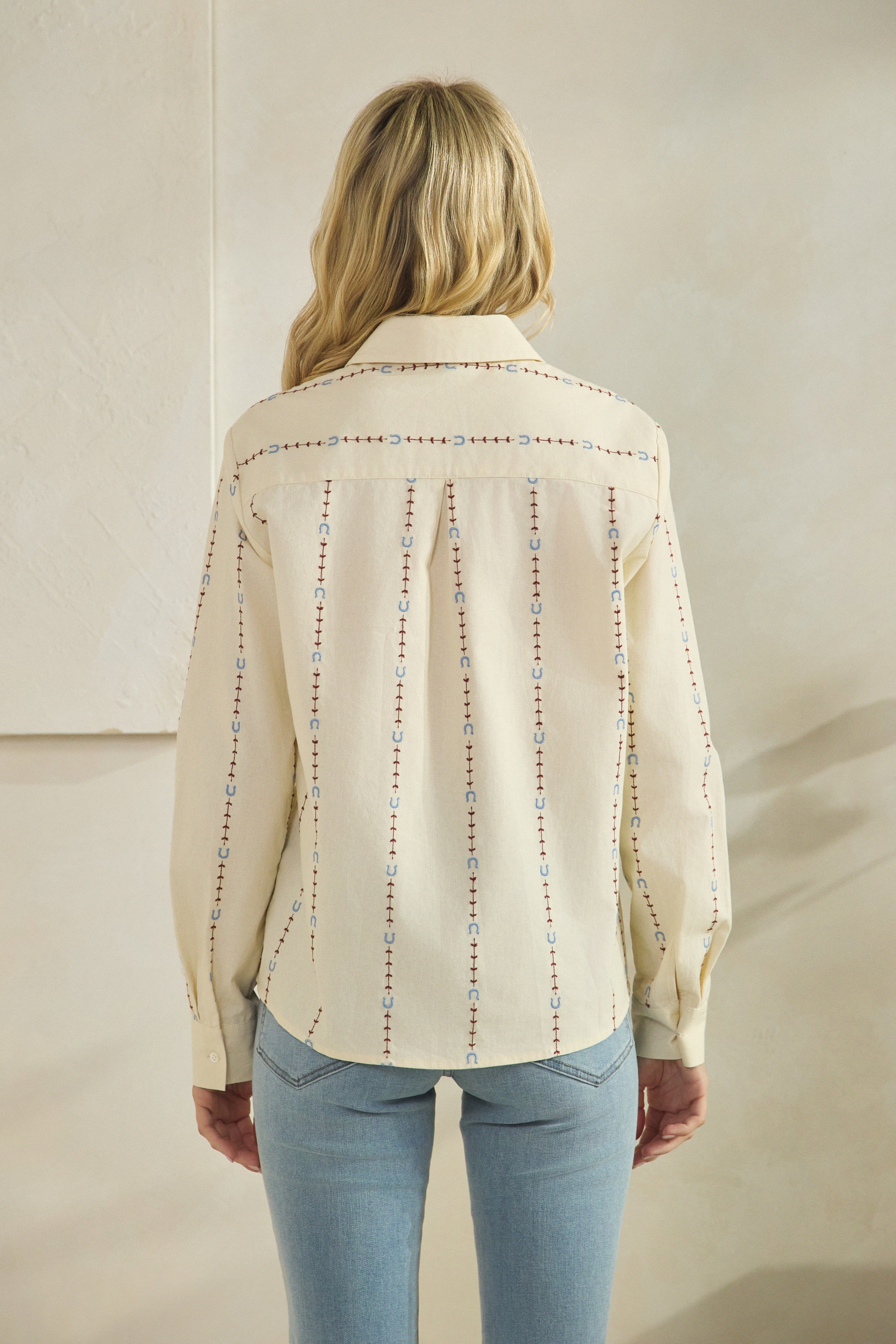 Ecru Horseshoe Embroidered Button Up Shirt
