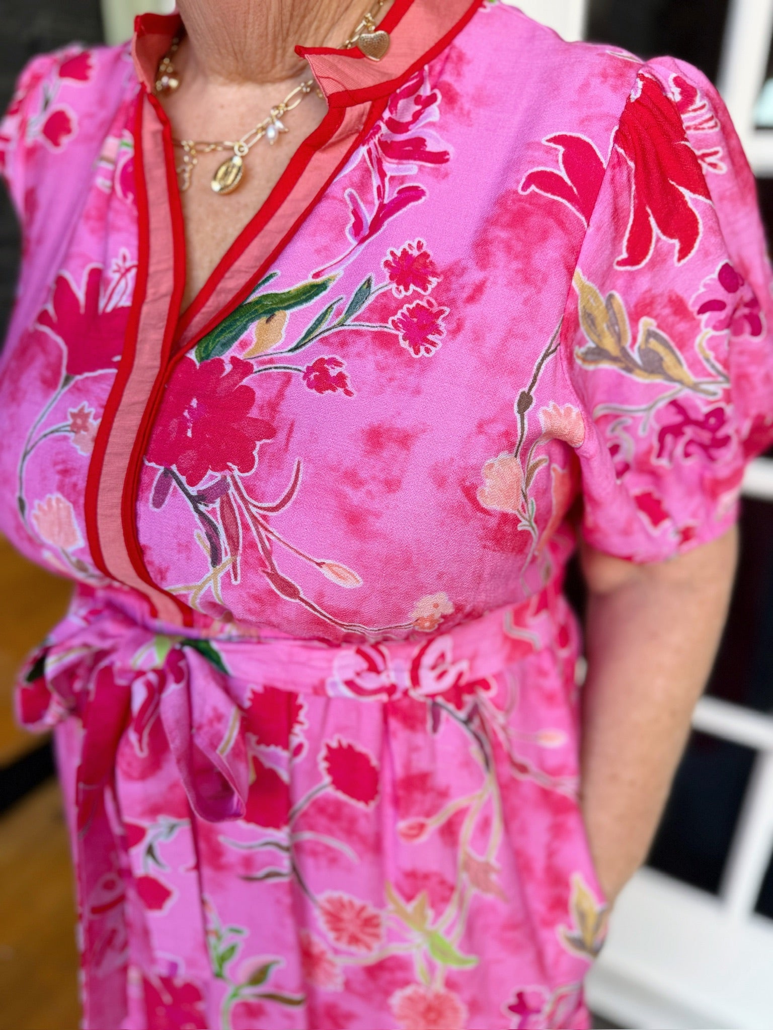 Pink Floral V-Neck Elastic Waist Midi Dress
