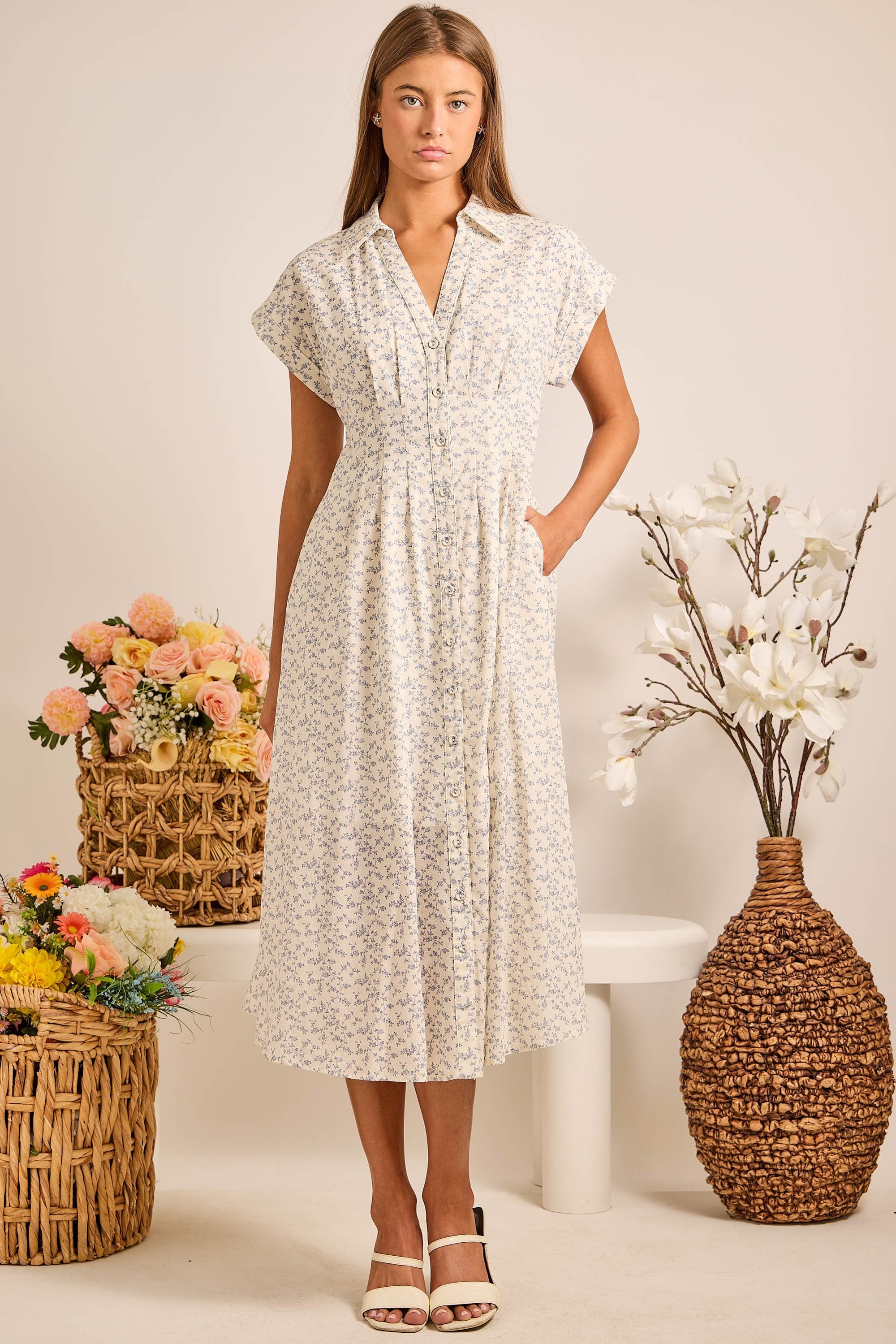 Blue Floral Button Front Collared Midi Dress