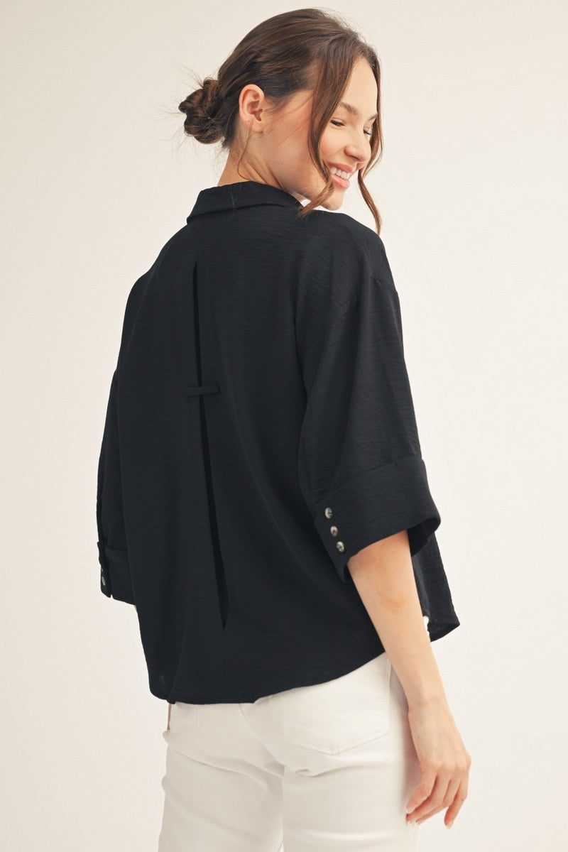Black Pleat Back Detail Button Front Top