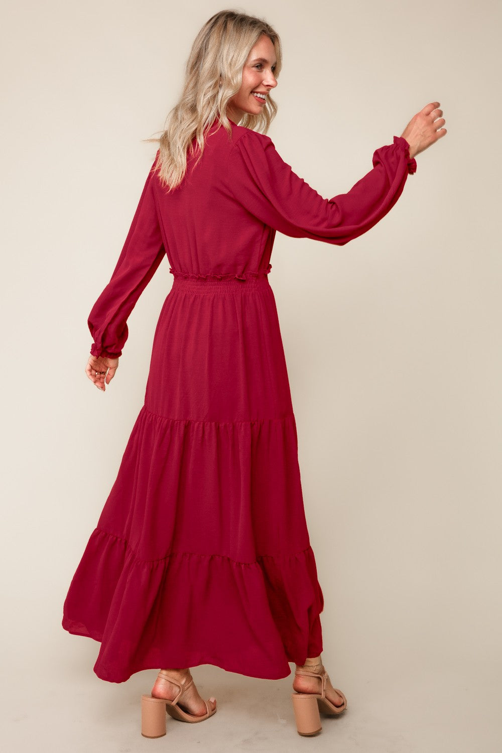 Curvy Frilled Smocked Waist Long Sleeve Midi Dress