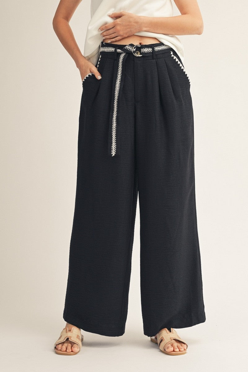 Black Embroidery Accent Wide Leg Pants