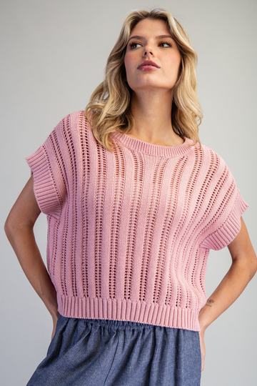 Rose Open Knit Cap Sleeve Sweater