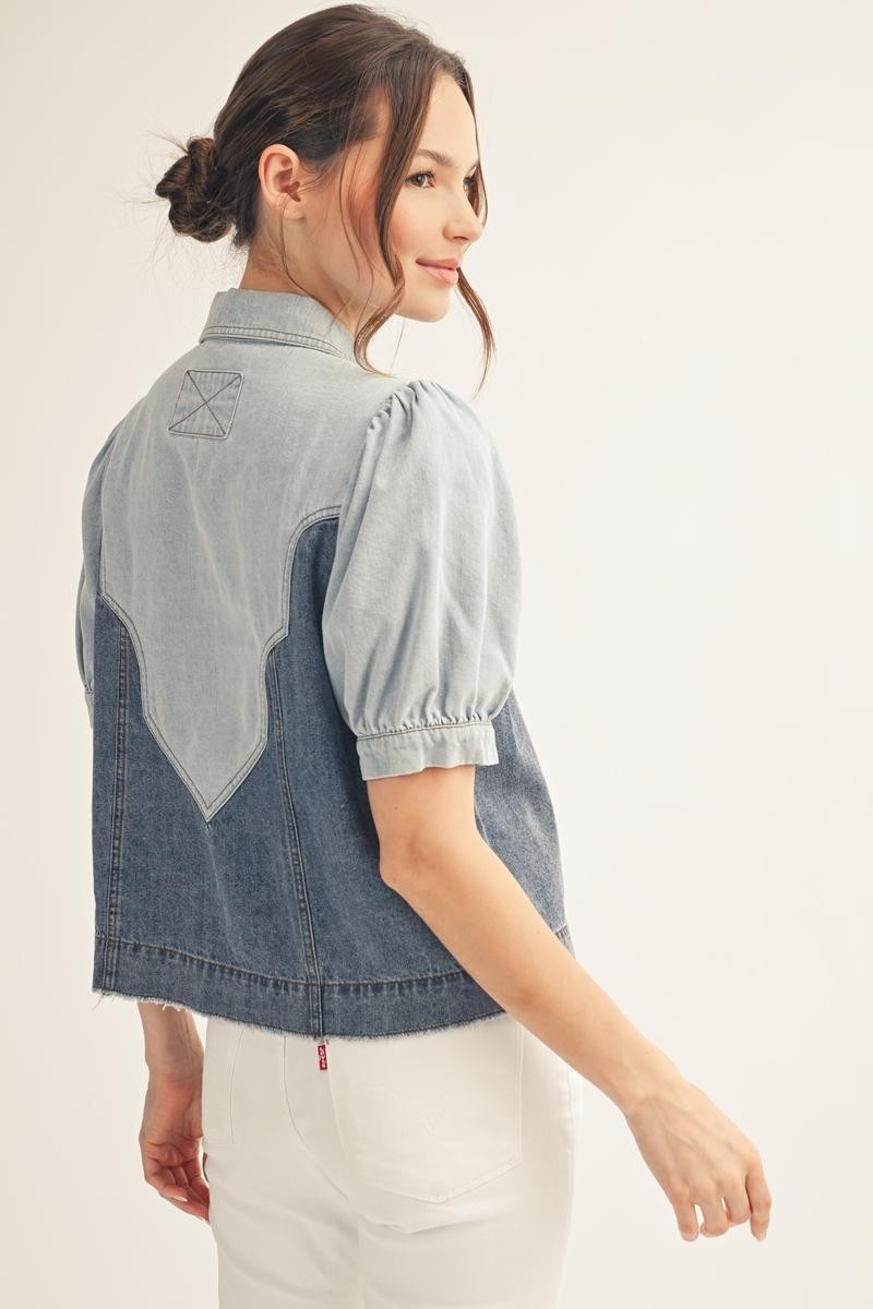 Button Down Two Tone Washed Denim Top