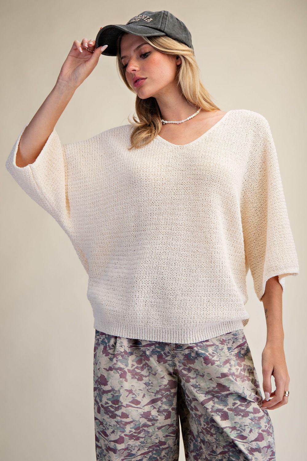 Beige 3/4 Sleeve V-neck Sweater