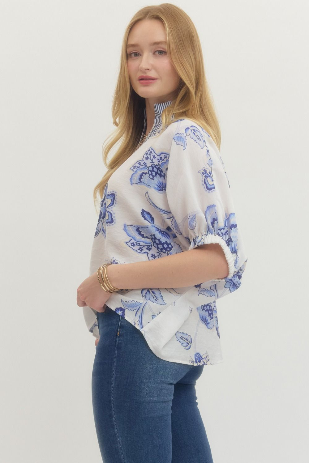Blue Floral Dolman Contrast V-Neck Top