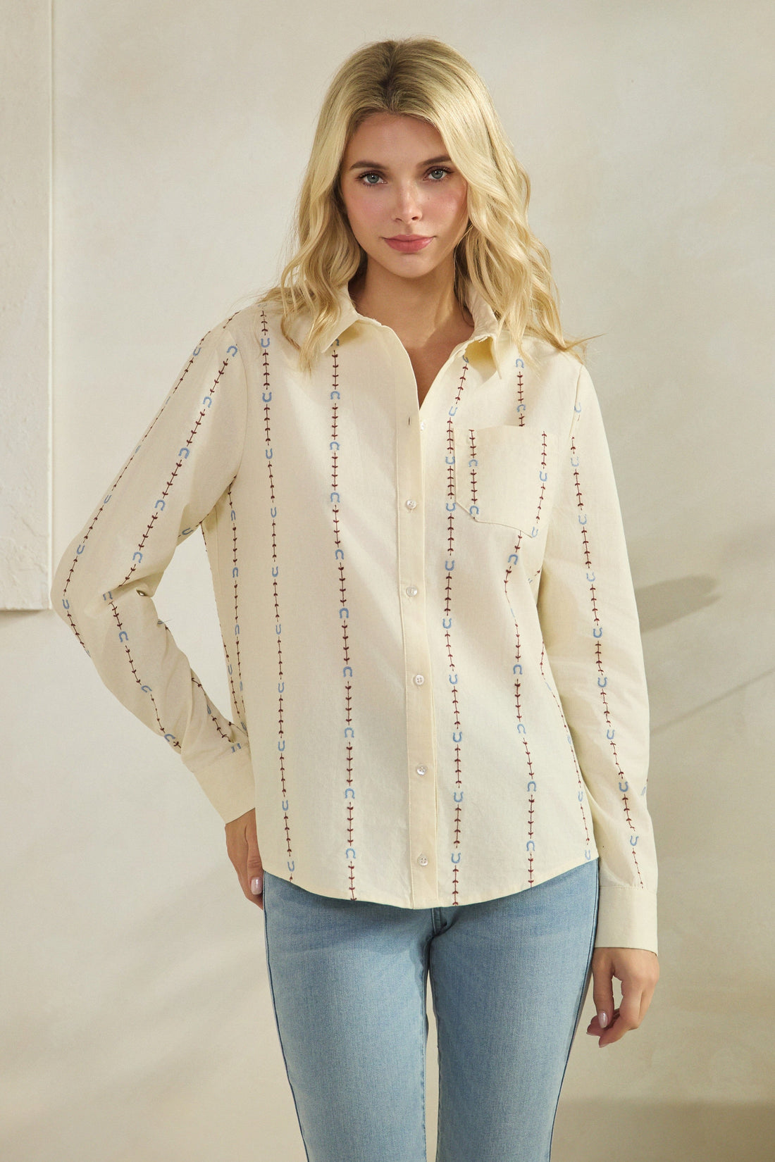 Ecru Horseshoe Embroidered Button Up Shirt