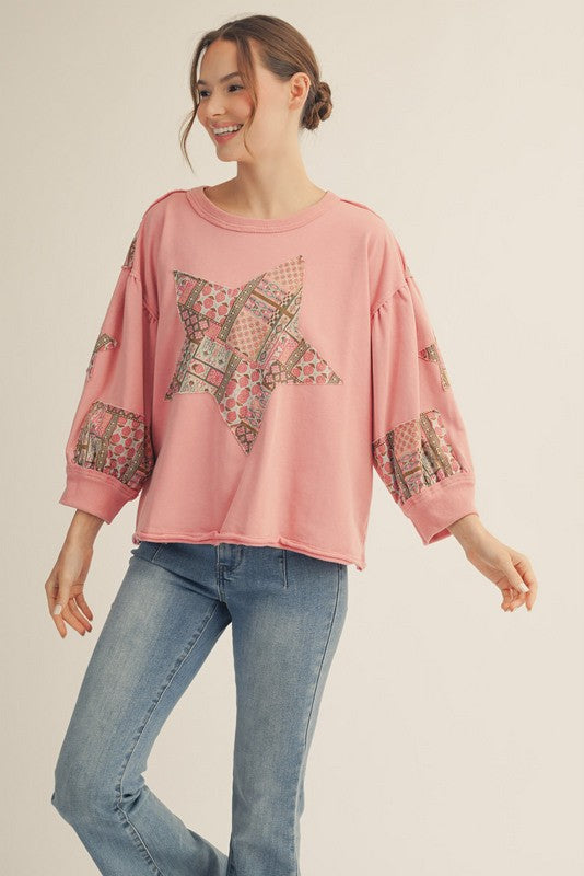 Drop Shoulder Patchwork Star in Mauve