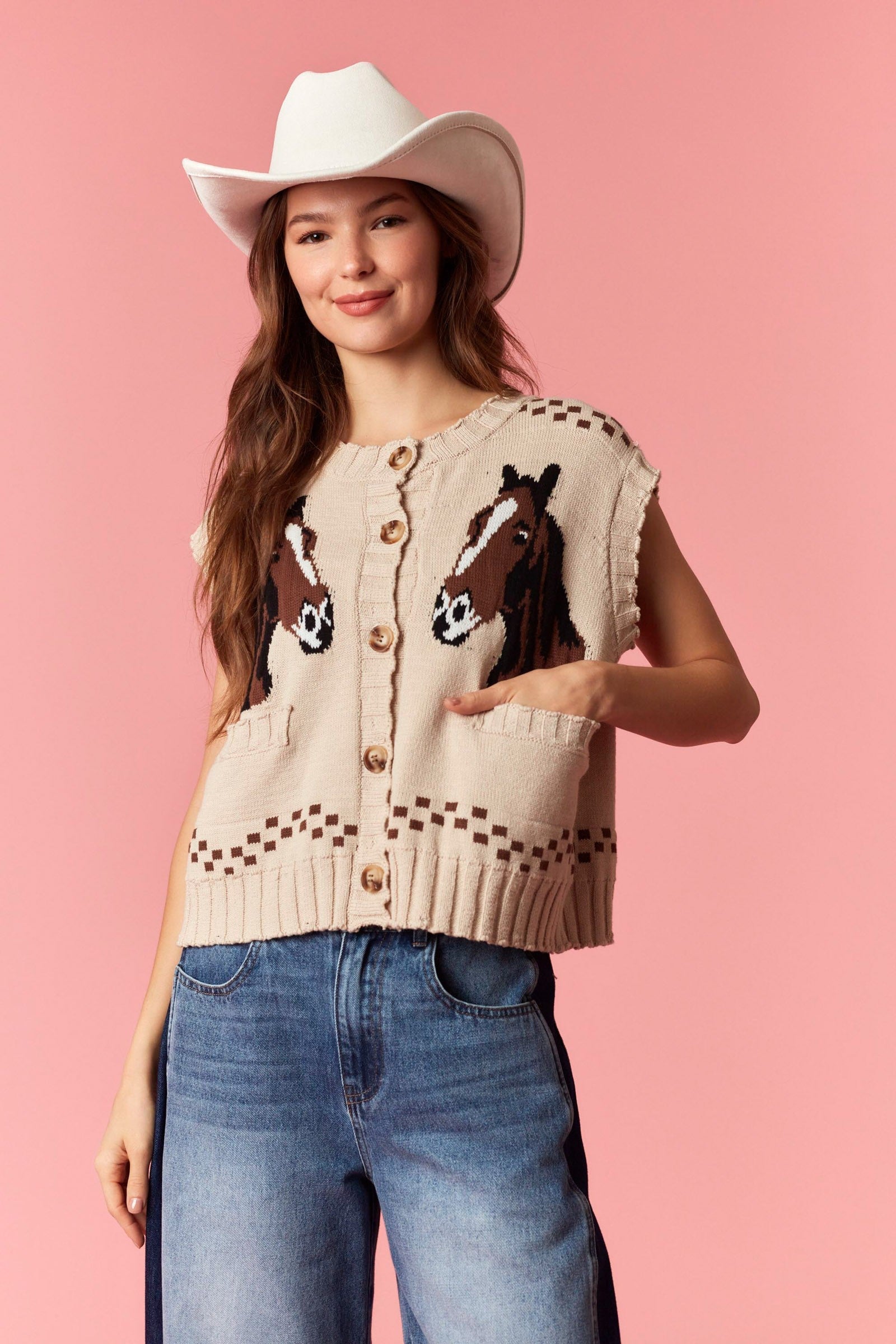 Brown Horse Button Up Knit Vest