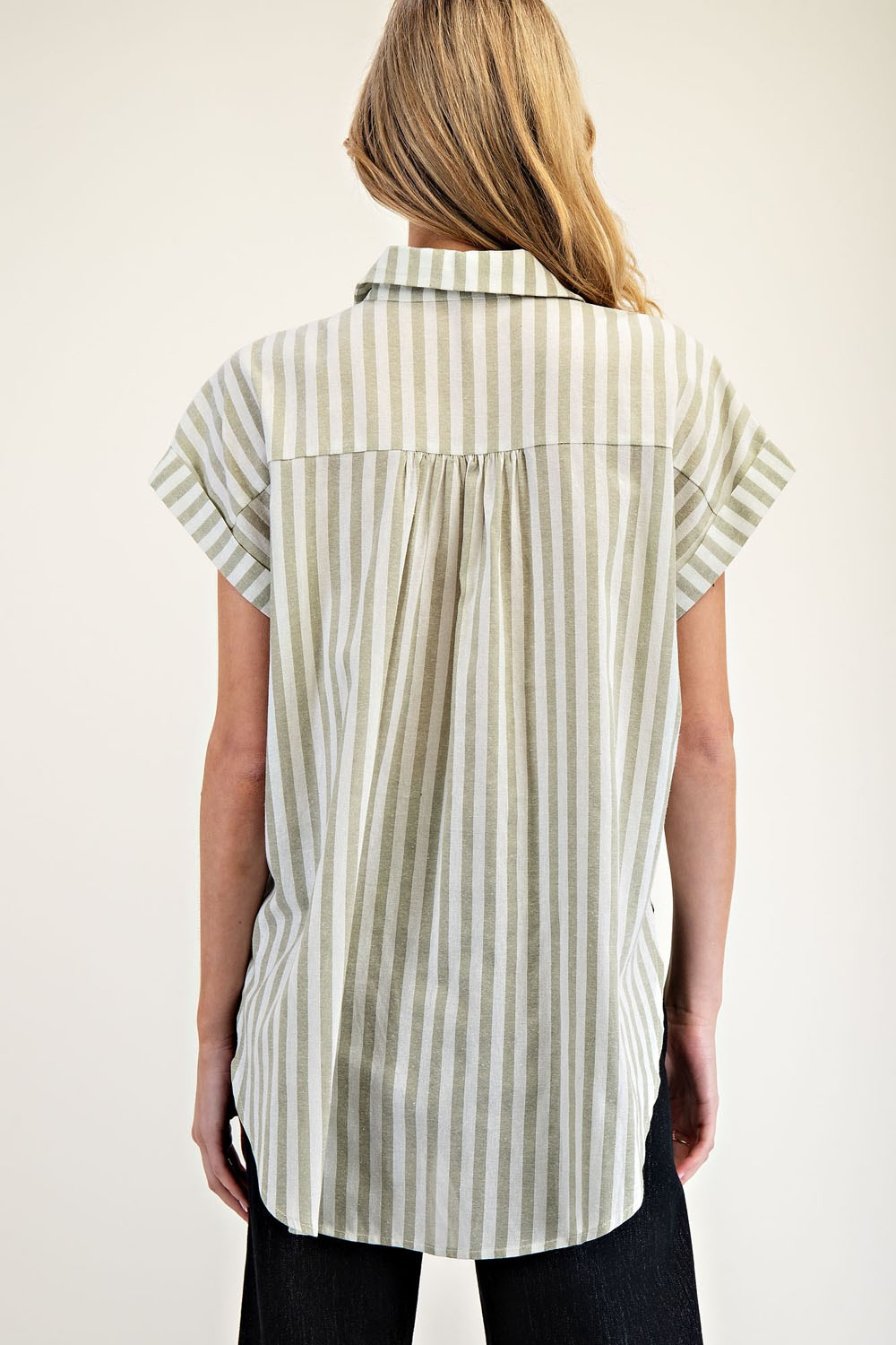 Sage Striped Short Sleeve Button Front Top