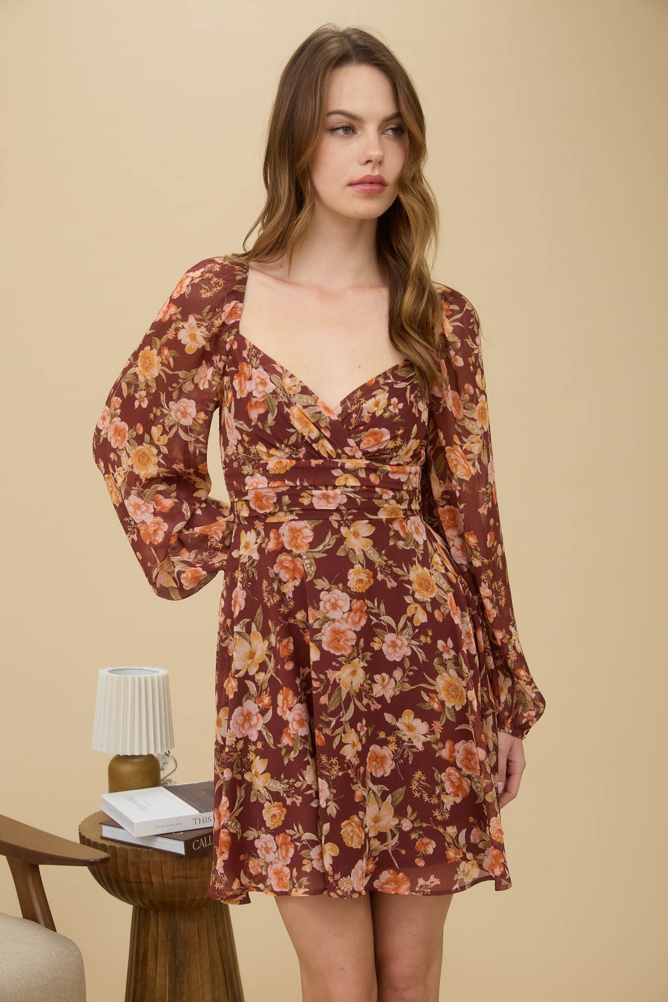 Burgundy Floral Sweetheart Back Tie Mini Dress