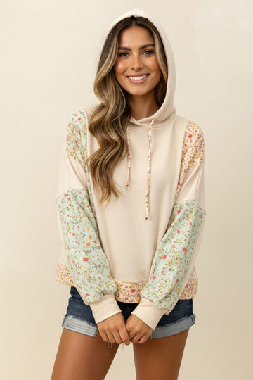 Oatmeal Floral Bubble Sleeve Hooded Top