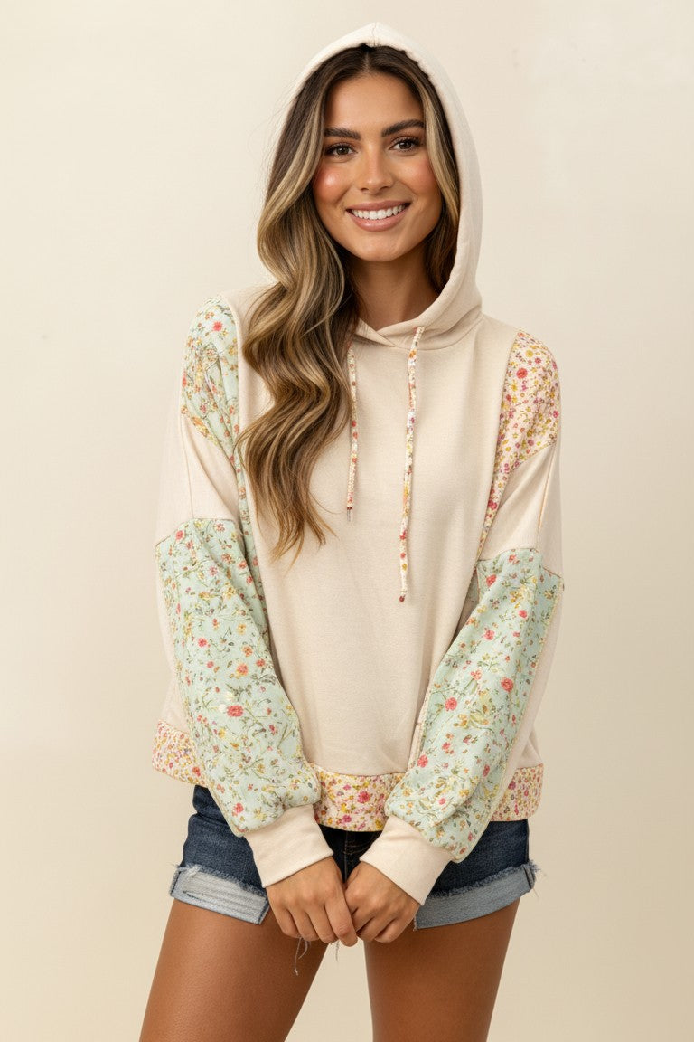 Oatmeal Floral Bubble Sleeve Hooded Top