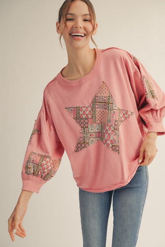 Drop Shoulder Patchwork Star in Mauve