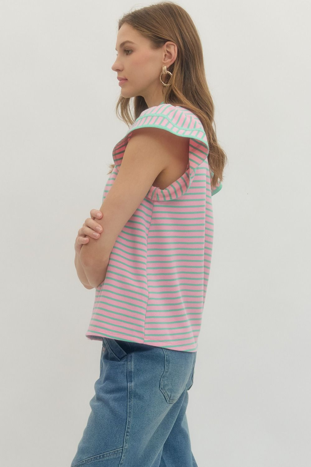 Pink Striped Flutter Sleever Contrast V- Neck Top