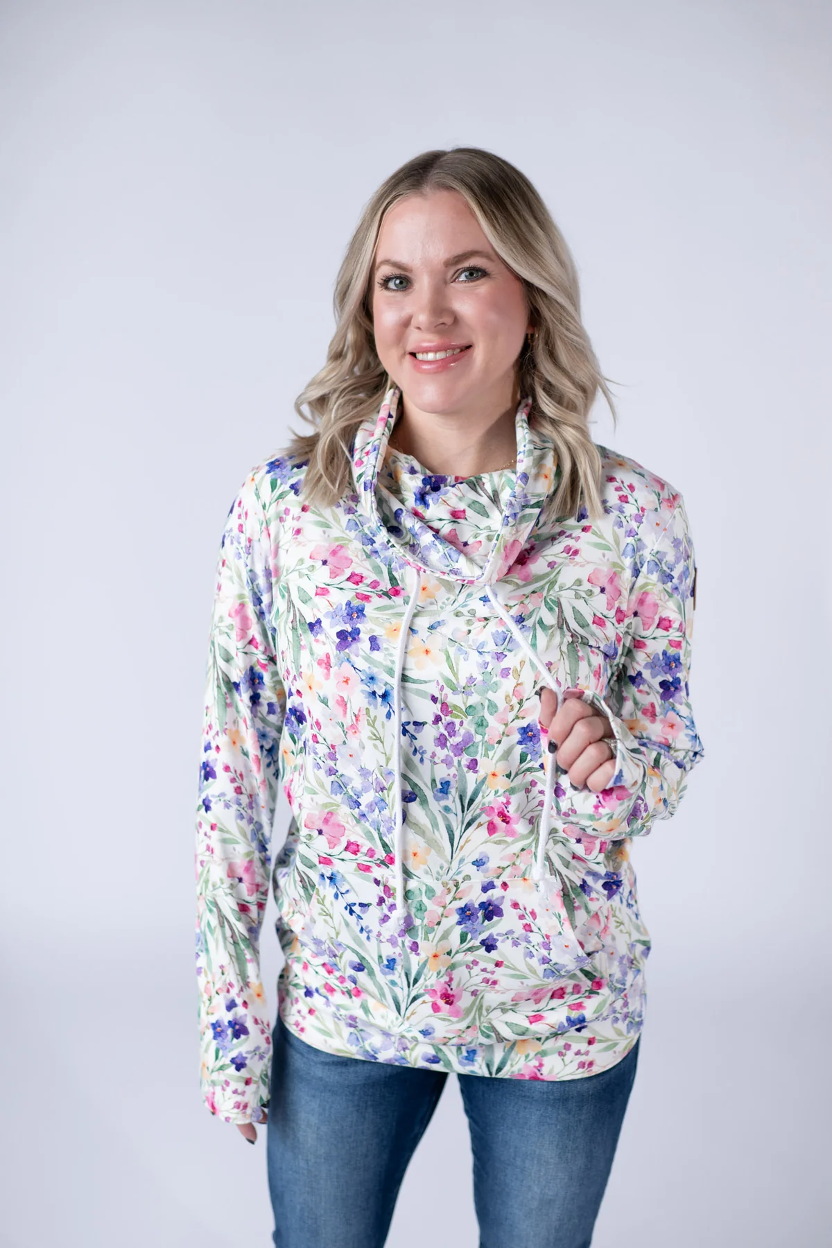 Floral Drawstring Funnel Neck Top