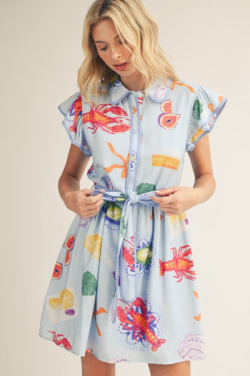 Blue Button Front Collared Lobster Dress