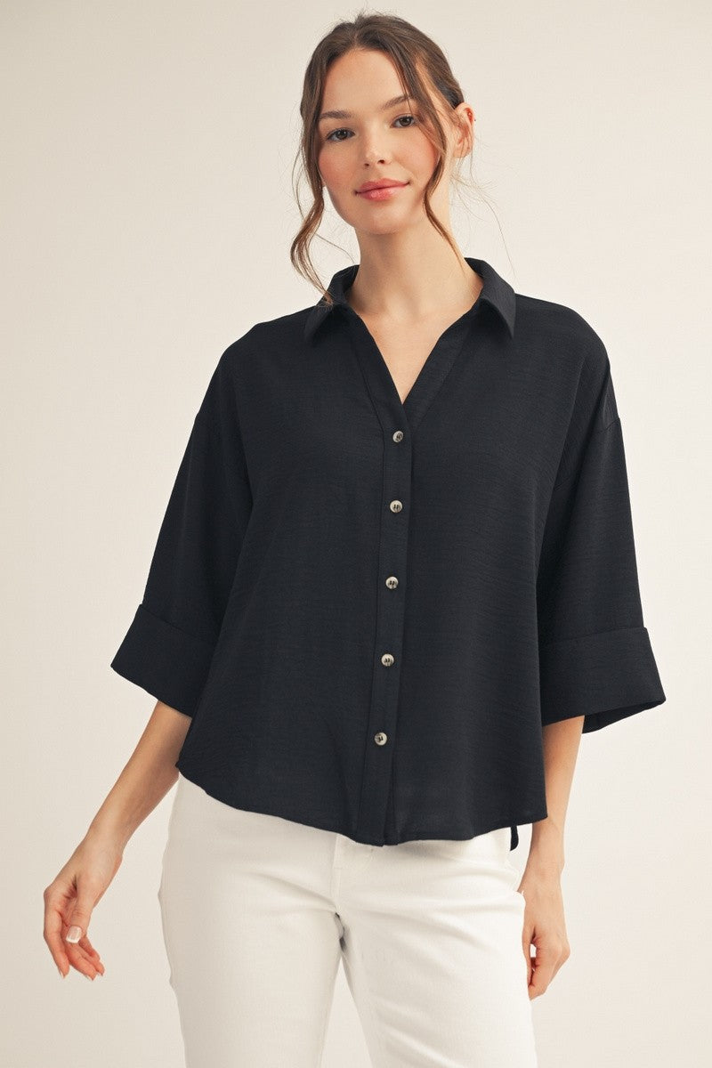 Black Pleat Back Detail Button Front Top