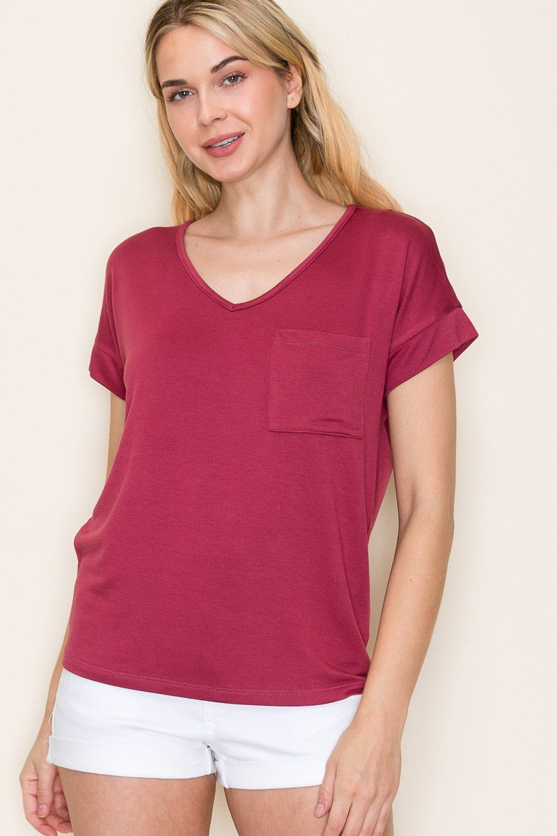 Marsala V-Neck Top with Chest Pocket