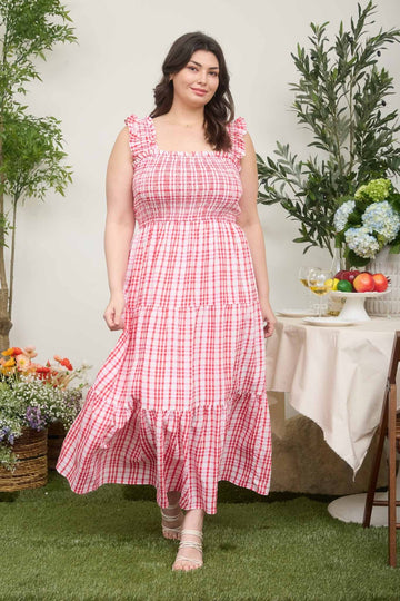 Curvy Plaid Smocked Ruffle Strap Midi Dress