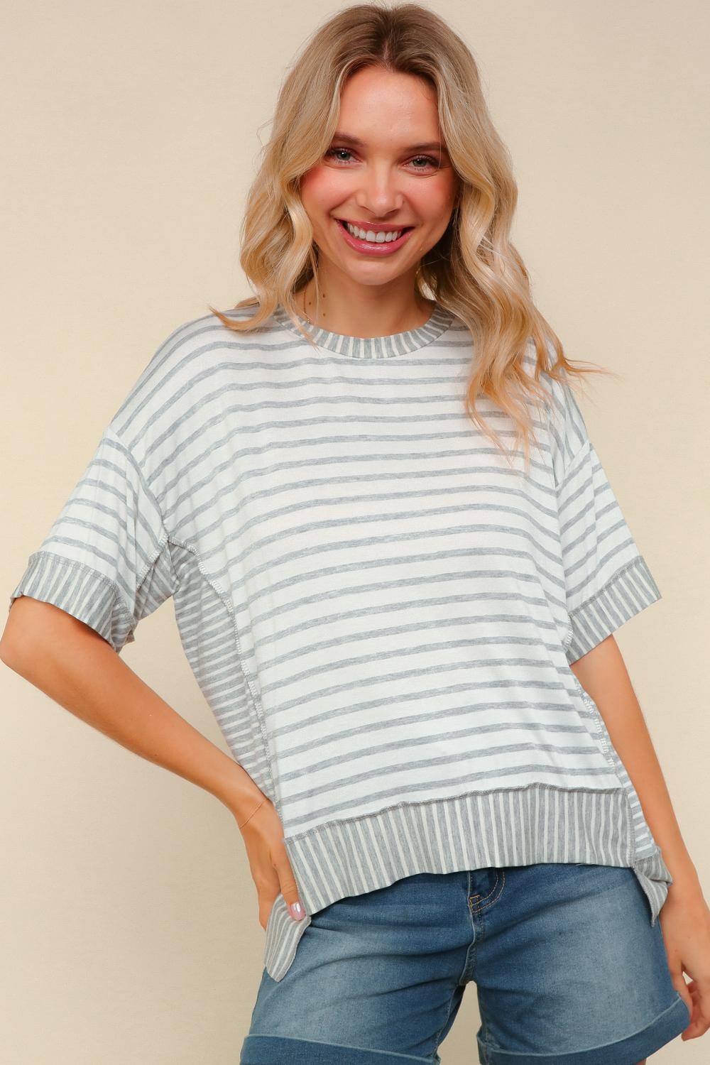 White & Gray Round Neck Short Sleeve Striped Top