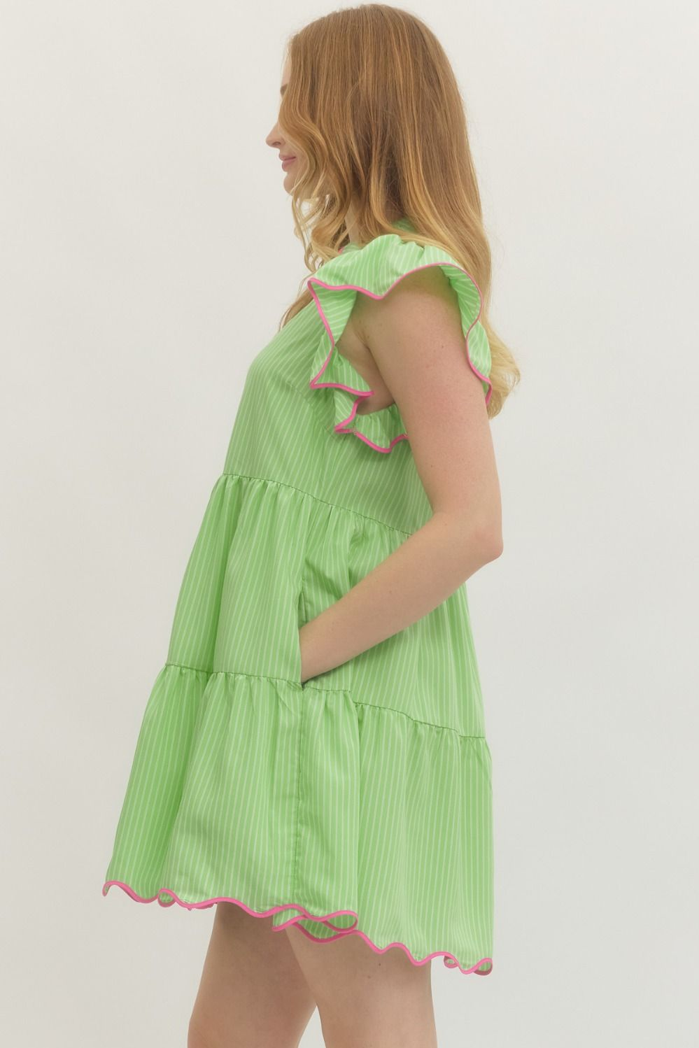 Green Pinstripe Pink Tiered Dress