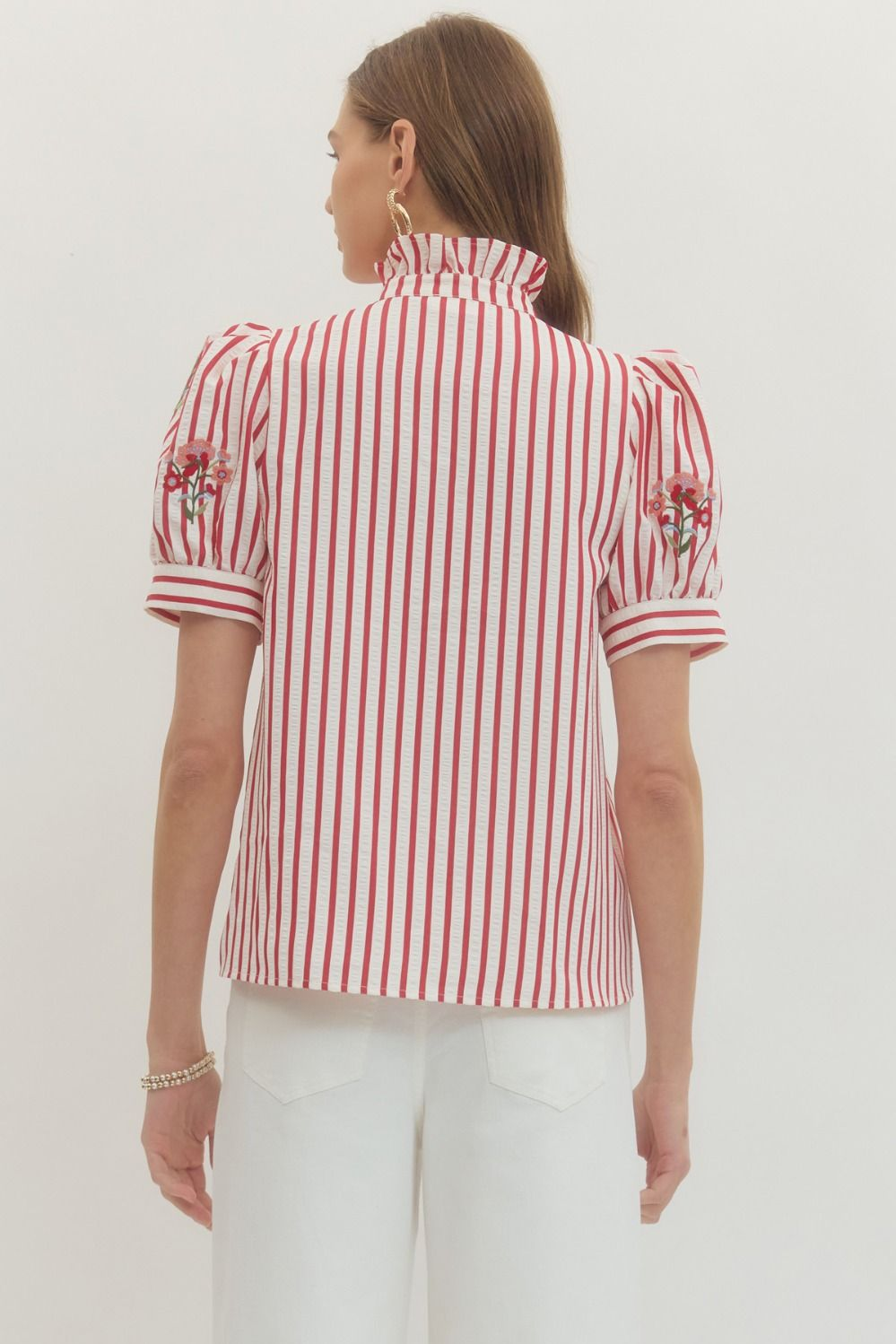 Red Striped Button Down Embroidered Top