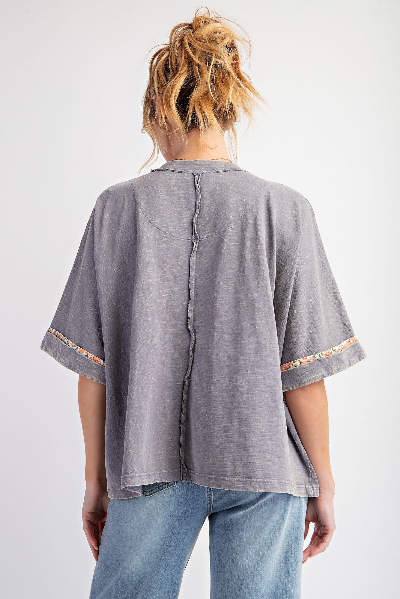 Curvy Slate Short Sleeve Top with Orange & Lime Daisy Patchwork