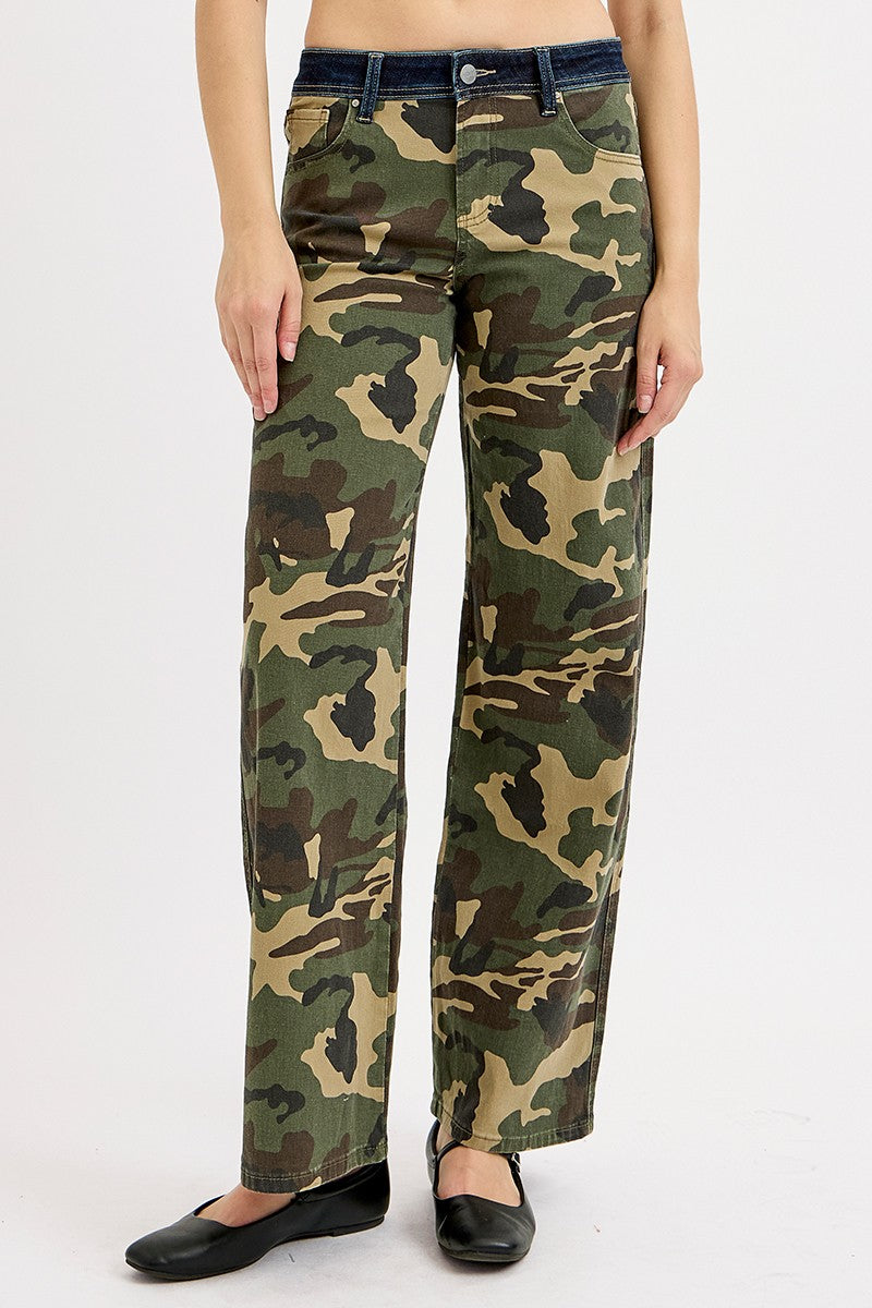 Curvy Emily's Camo Mid Rise Wide Straight Leg Jeans