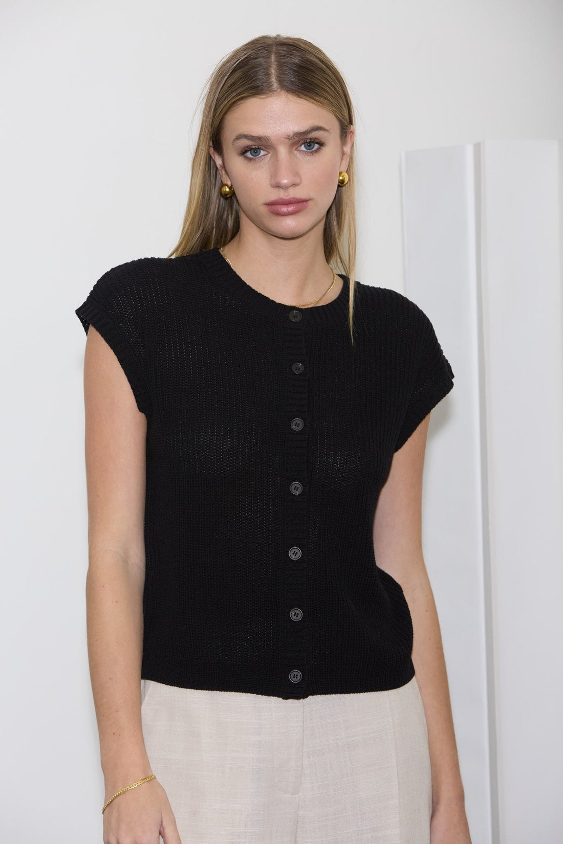 Short Sleeve Button Down Knit Cardigan