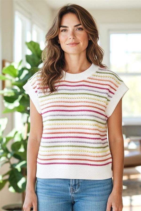 Multi Colored Crochet Striped Short Sleeve Crew Neck Top