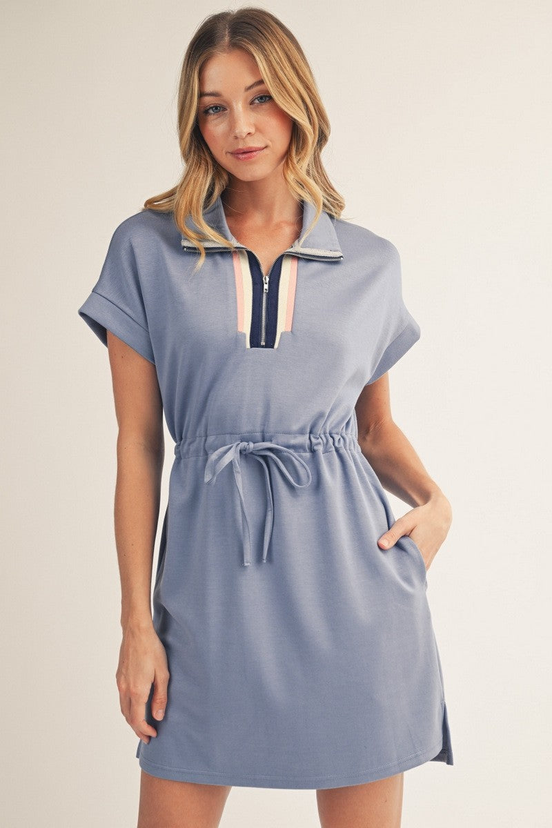 Blue Front Zip Drawstring Waist Dress