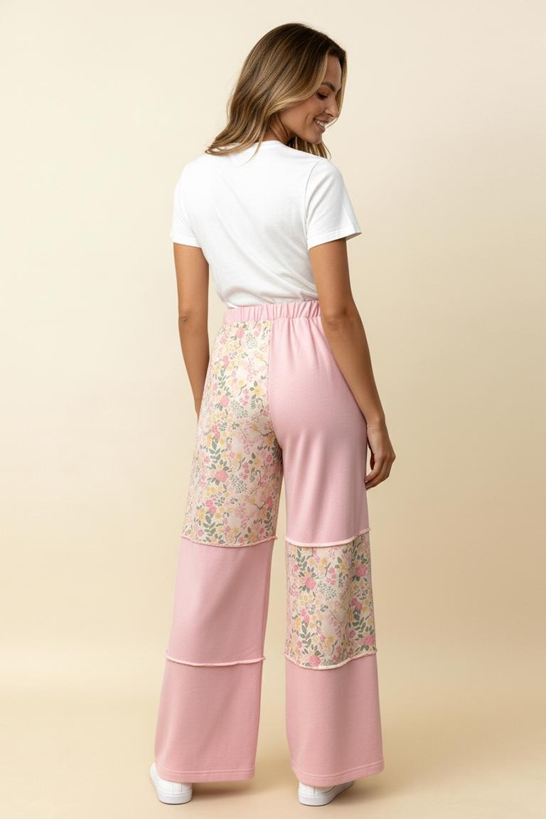 Light Pink Color Block Floral Pants