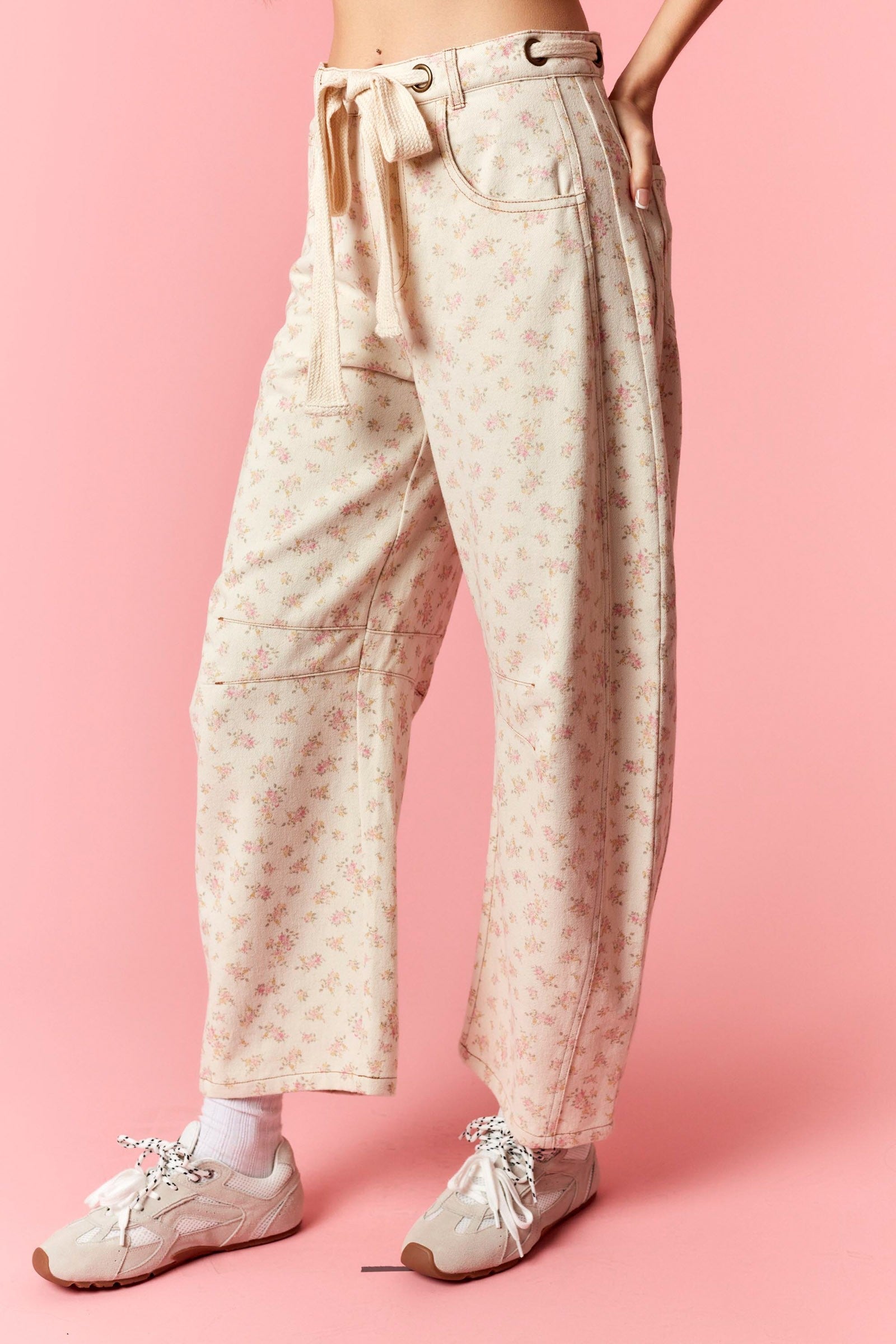 Pink Ditsy Floral Barrel Leg Denim Pants with Tie
