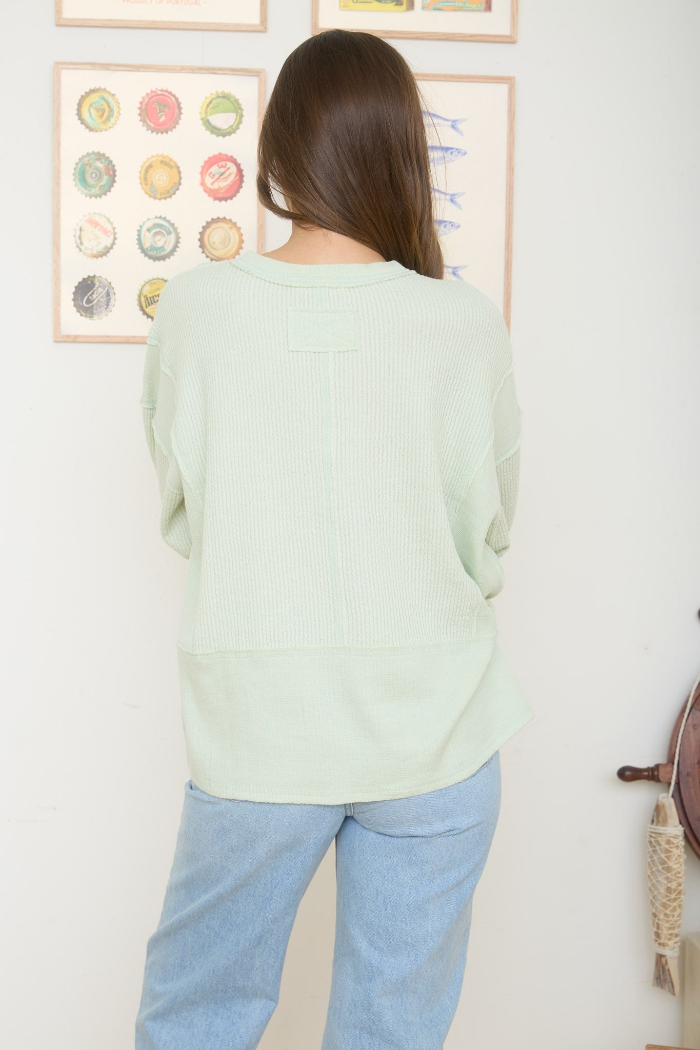 Split Neck Raw Edge Long Sleeve Ribbed Top