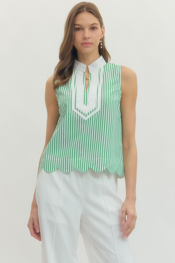Green Striped Contrast V-Neck Sleeveless Top