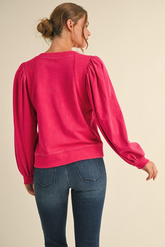 Hot Pink Mixed Material 3D Bow Puff Sleeve Top
