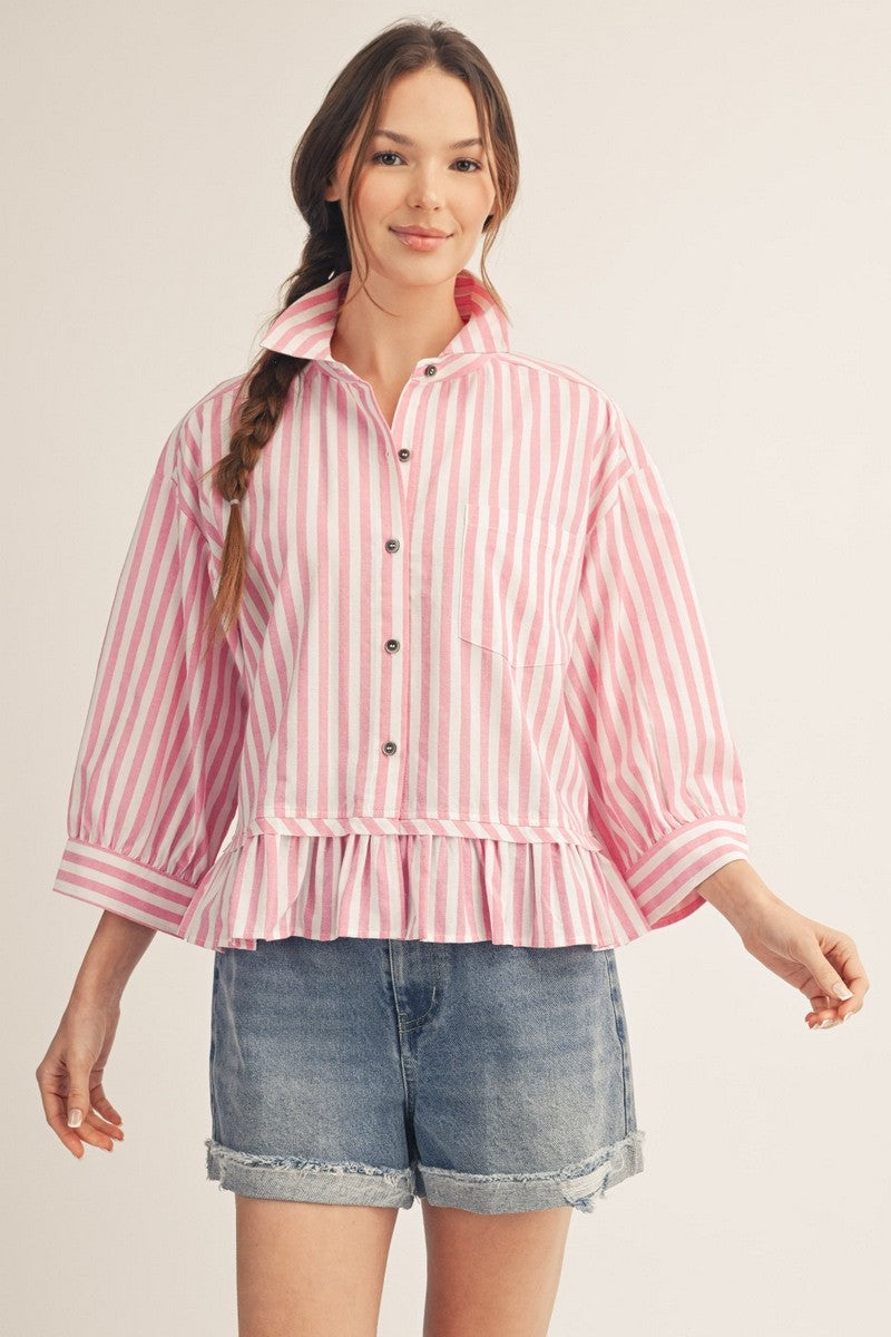 Pink and White 3/4 Sleeve Pleated Ruffle Hem Top