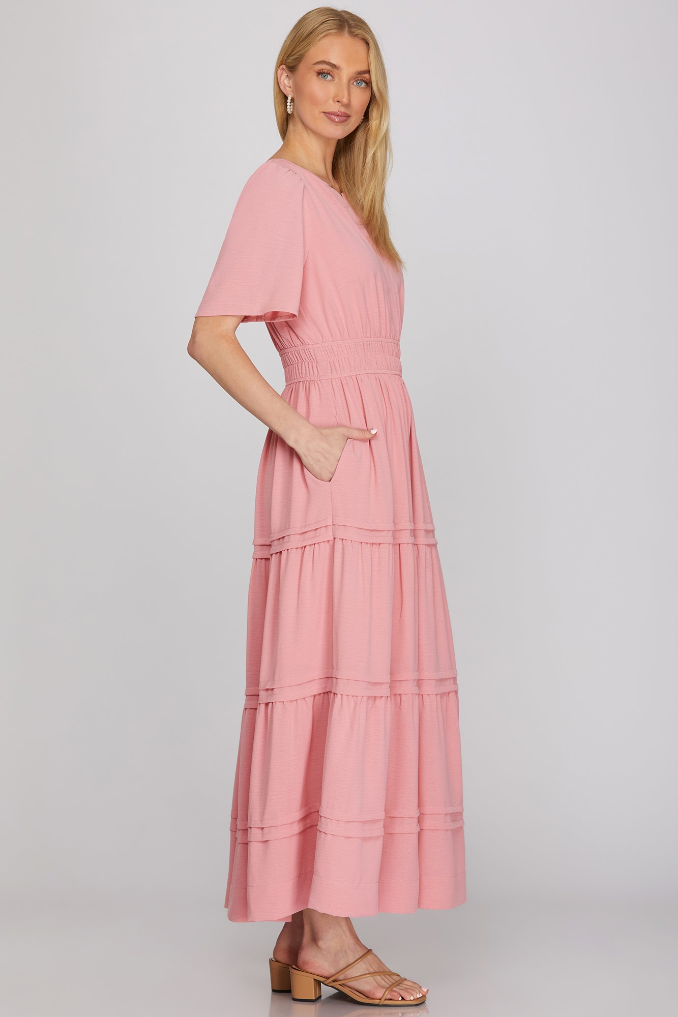 Half Sleeve Elastic Waist Midi Dress